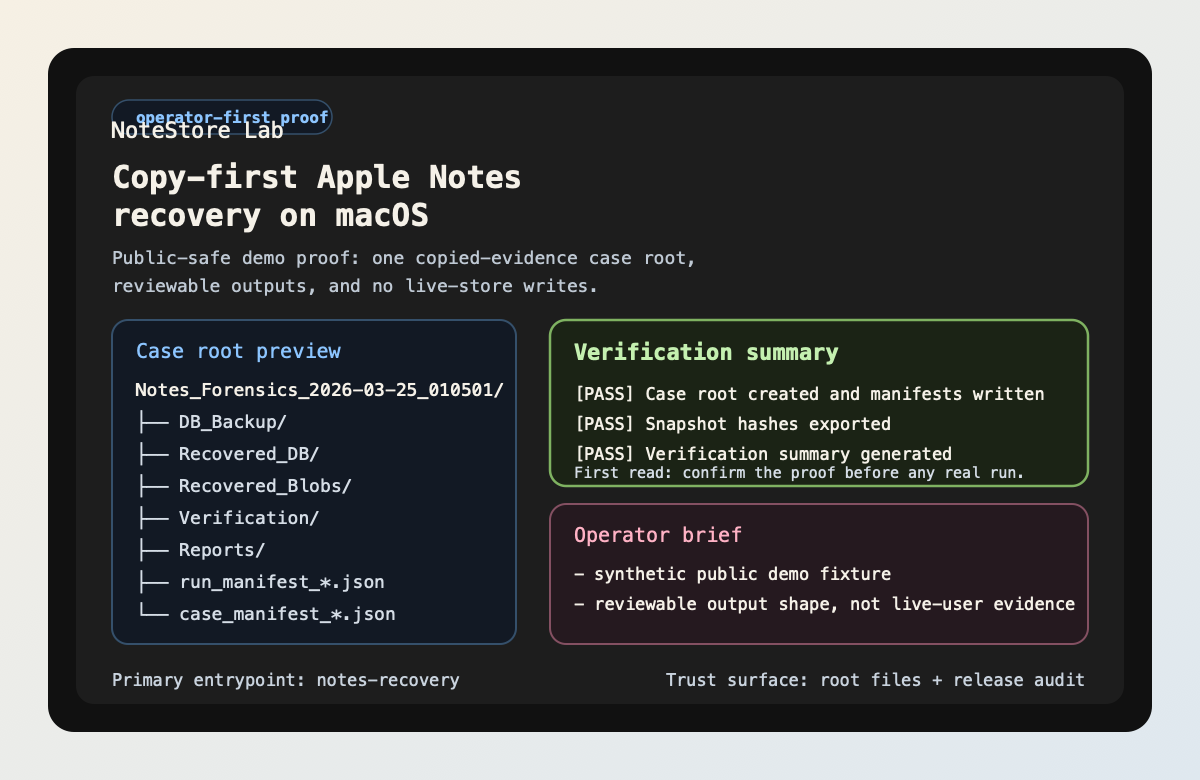 Public-safe demo proof showing copied-evidence case outputs.
