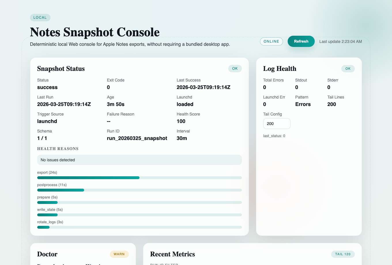 Apple Notes Snapshot Web console showing status, health, launchd state, and quick actions
