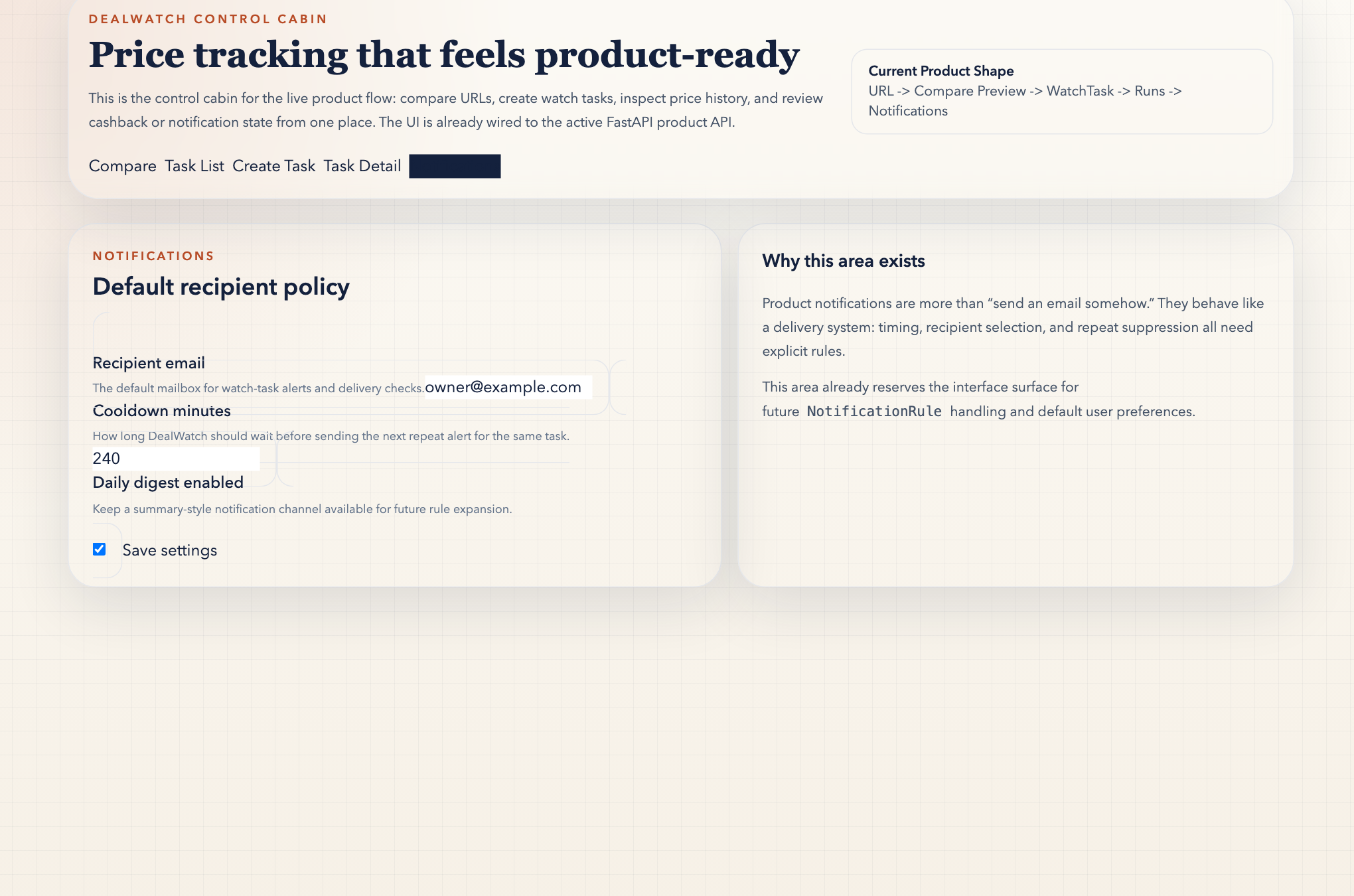 Notification settings screen showing recipient policy and cooldown configuration