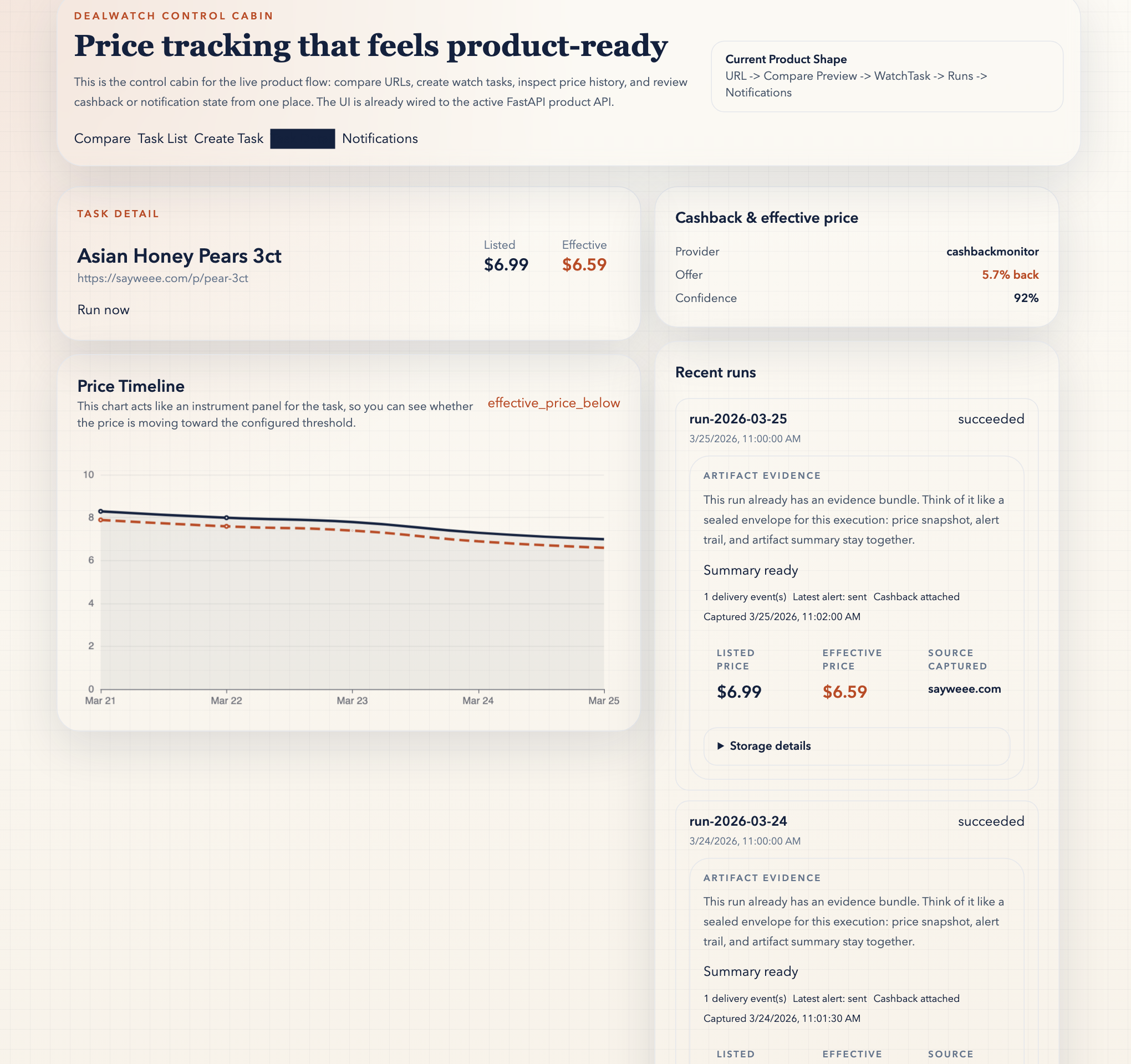 Task detail screen showing price history, effective price, cashback, and artifact evidence cards