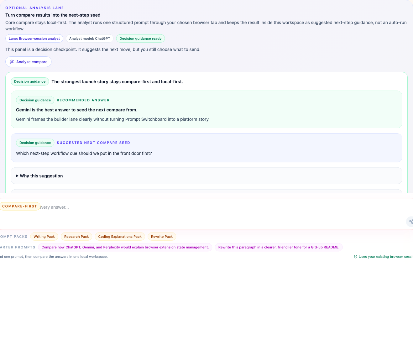 Prompt Switchboard analyst panel showing the optional compare analysis lane.
