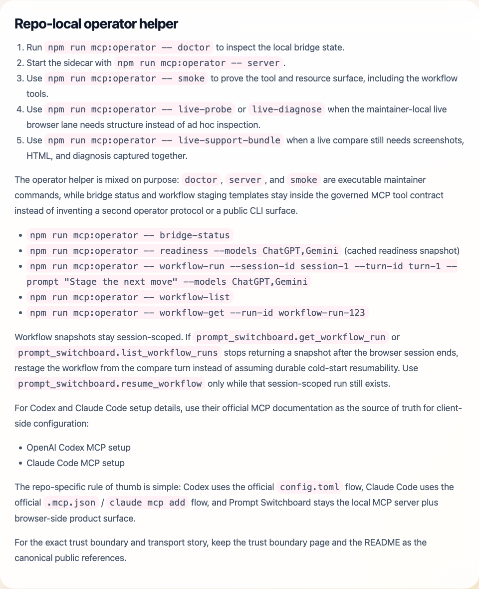 Prompt Switchboard builder surface showing compare-first MCP entrypoints.
