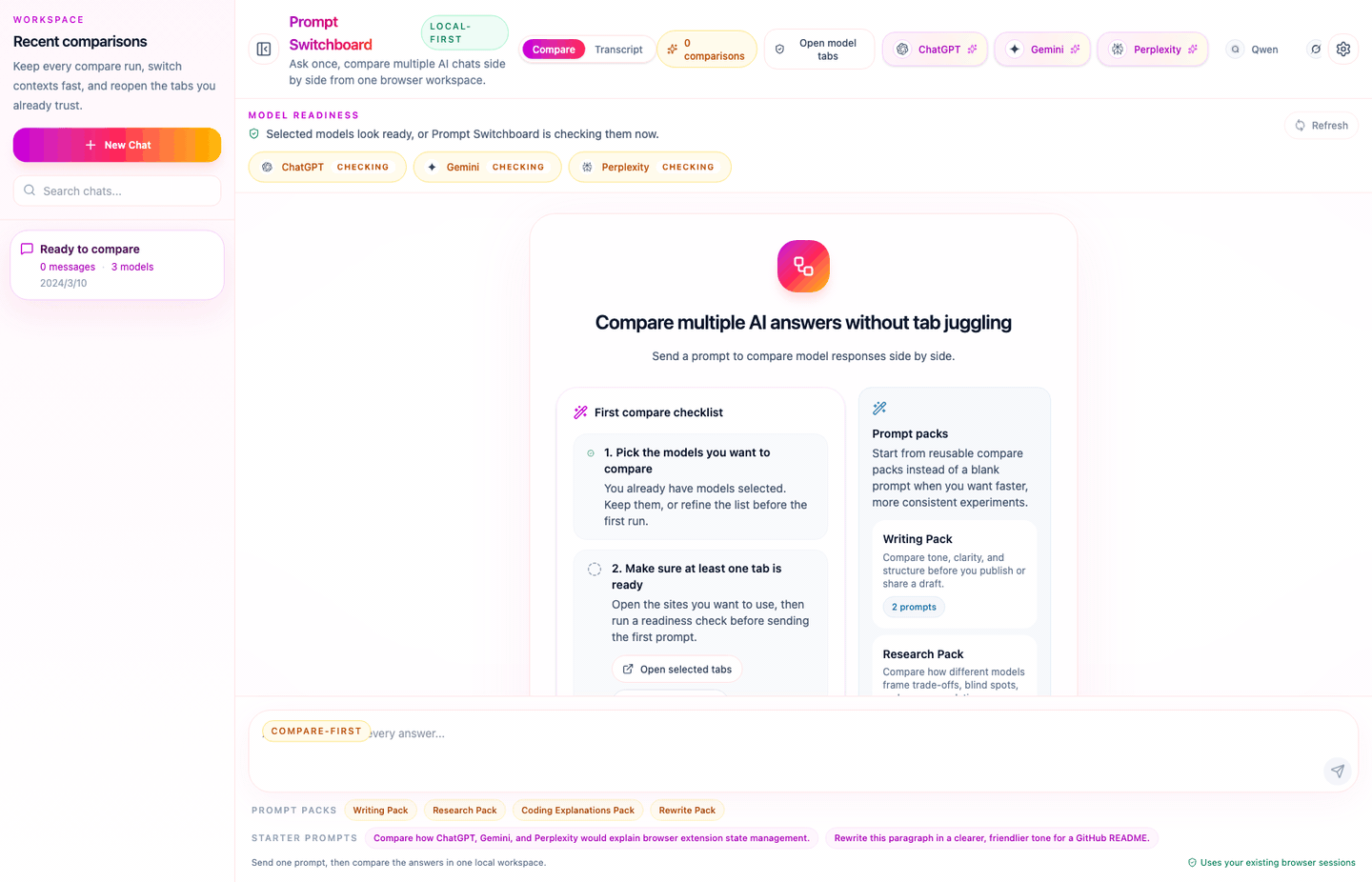 Animated Prompt Switchboard demo showing the compare-first flow from empty state to completed multi-model answers.