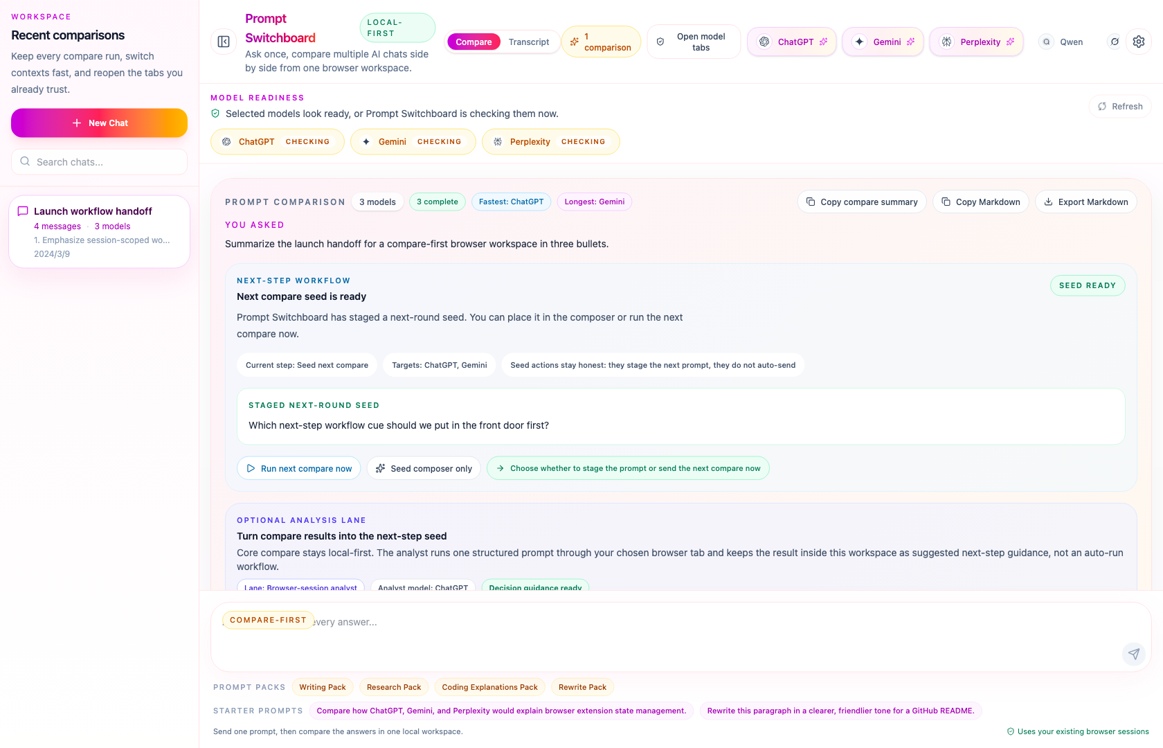 Prompt Switchboard compare view showing one prompt and multiple AI responses side by side.